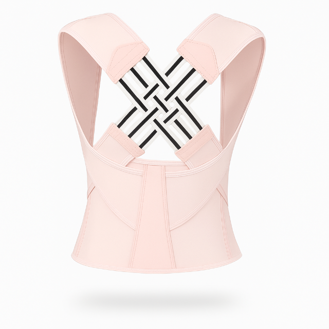 Pink corset with geometric back design on a white background