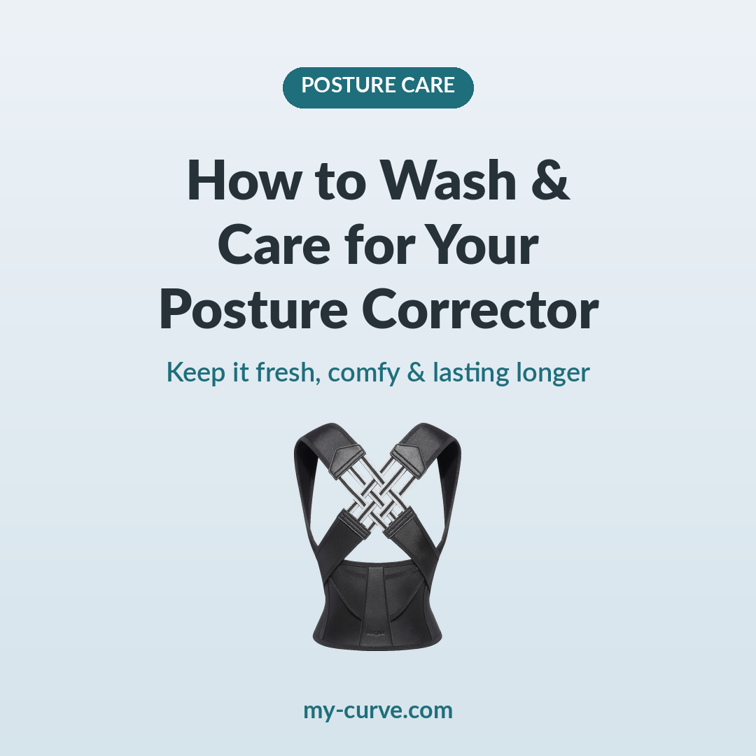 Black posture corrector brace with care tips headline