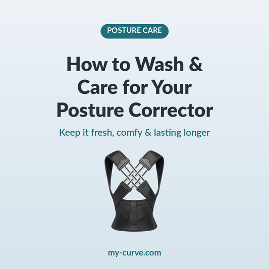 Black posture corrector brace with care tips headline