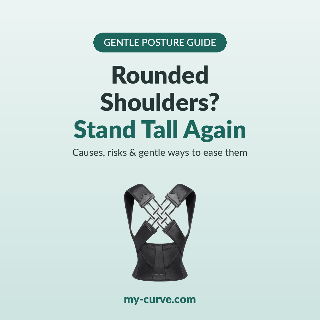 Posture corrector with headline: Rounded Shoulders? Stand Tall Again
