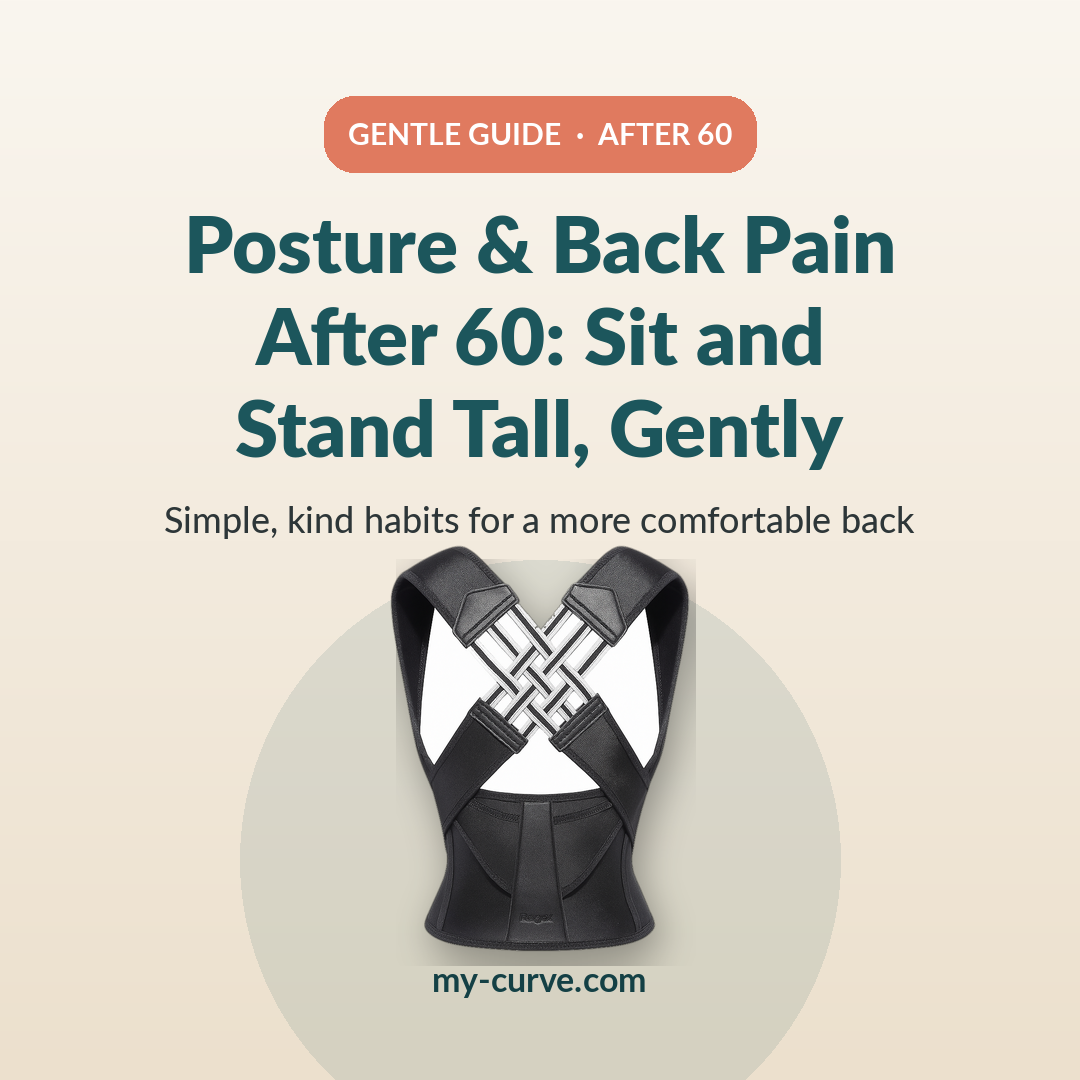 Posture corrector brace with the headline Posture and Back Pain After 60