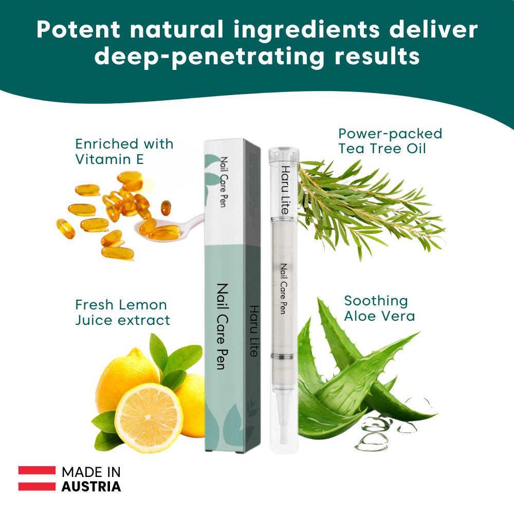 Nail care pen with natural ingredients and text highlighting benefits on a white background

